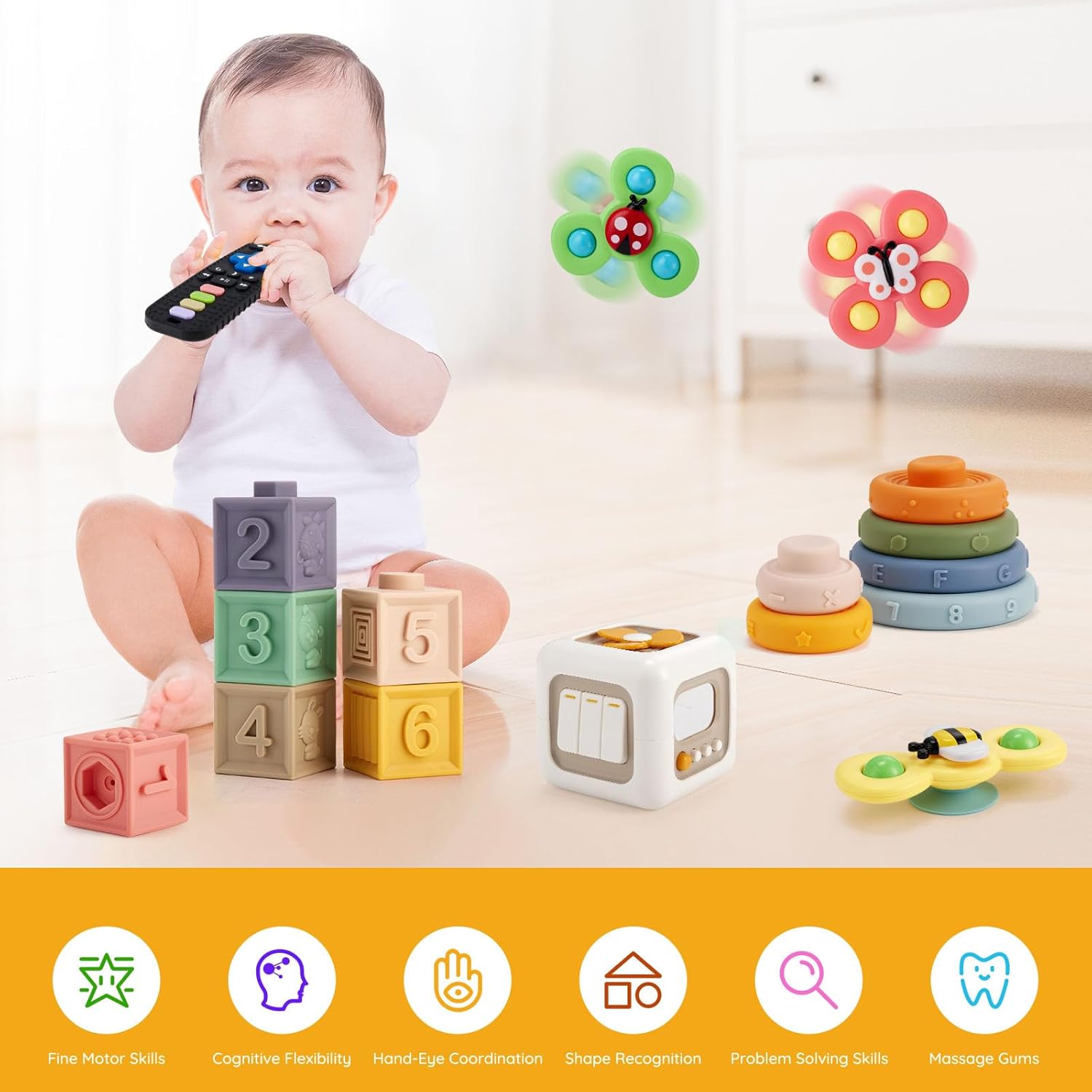VoMii Baby Toys 6-12-18 Months, Montessori Toys for Babies Newborn Teether Sorting Stacking Blocks Spinner Toy Activity Cube Sensory Toy for Toddlers 1-2-3 Years