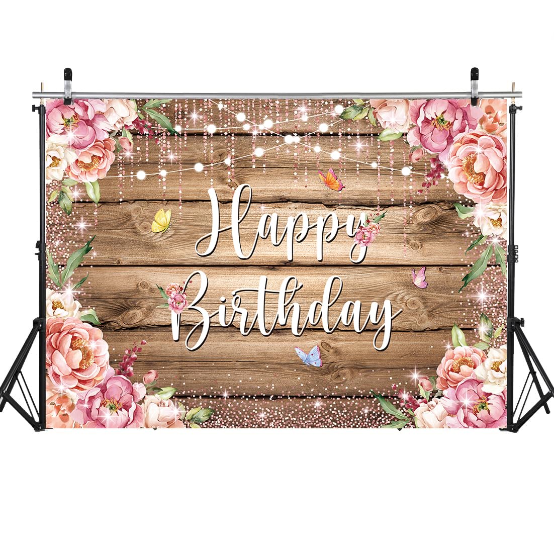 Fotohintergrund 'Happy Birthday' Mit Blumen & Schmetterlingen | 210x150 Cm Polyester | Für Partys