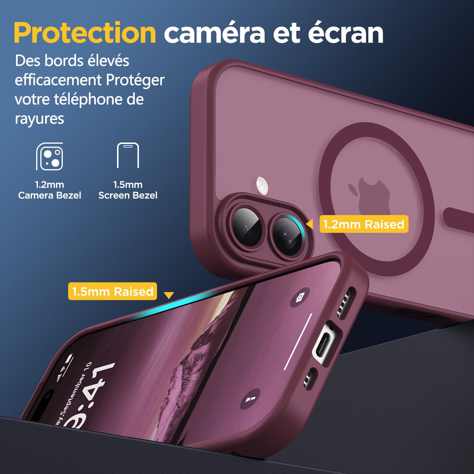 Oududianzi-Coque pour iPhone 17 Compatible avec MagSafe Magnétique, Housse de Arrière Translucide Givrée PC, TPU Silicone Bumper Étui Protection Antichoc Militaire Anti-Empreintes-Bordeaux