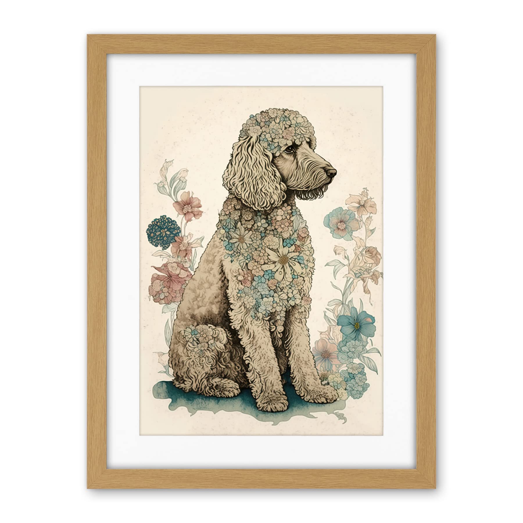 Artery8 Poodle Dog with Flower Fur Coat Modern Boho Watercolour Illustration Artwork Framed Wall Art Print 18X24 Inch