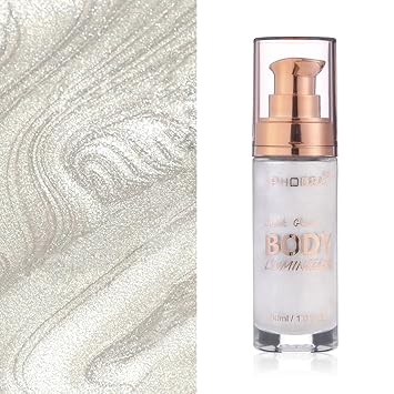 Body Shimmer Oil, Diamond Platinum Natural Glow Luminizer, Long Lasting Moisturizing Liquid Illuminator Highlighter Makeup for a Sun-Kissed Glow, Brush Include, 1oz, Light Fair