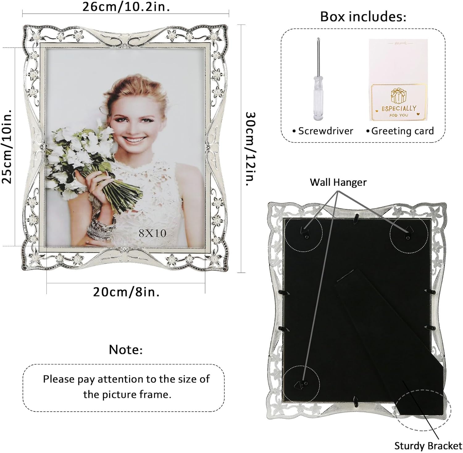 8x10 Vintage Metal White Picture Frame Pearl Antique Ornate Gold Photo Frame Wedding Decoration, Clear Glass Front, Unique Tabletop or Wall Display, Gifts for Mom Women, Horizontally & Vertically