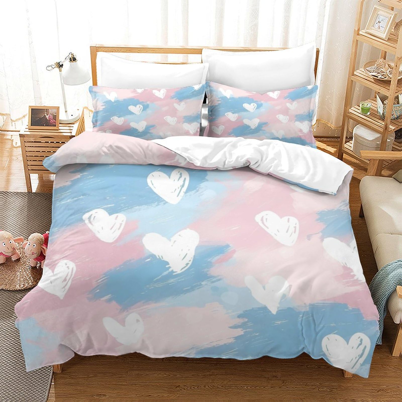 P1S9U7W5Y Pastel Heart 3D Printed Duvet Cover Set 3pcs Soft Microfiber Watercolor Bedding Set Single（140x200cm）
