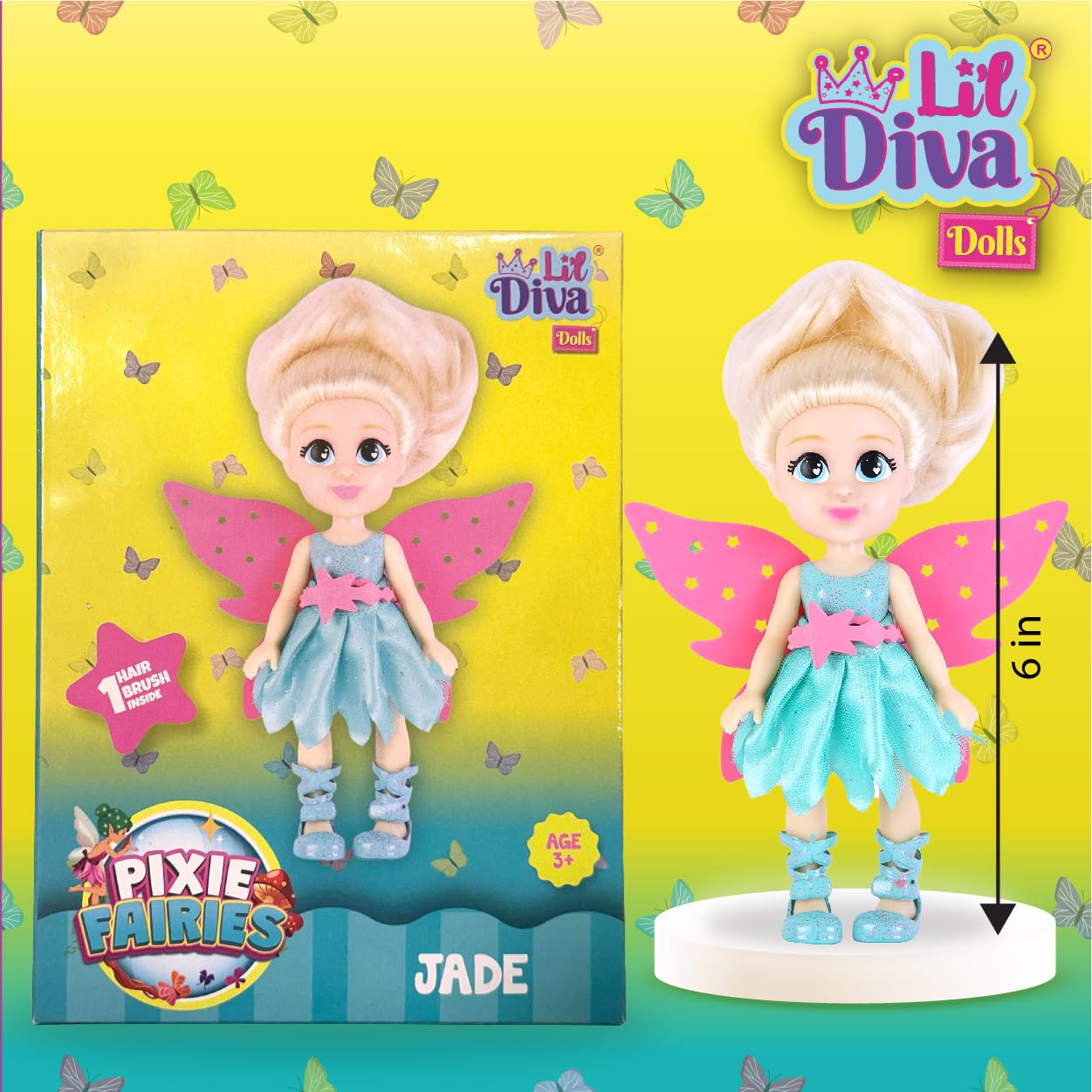 Lil Diva Dolls 6" Pixie Fairy Jade Doll for Girls|Soft Movable Body with Realistic Features|Birthday Gift for Kids 3+ Years|Early Learning Toy for Girls|Ideal Gift for Birthdays & Special Occasions 1