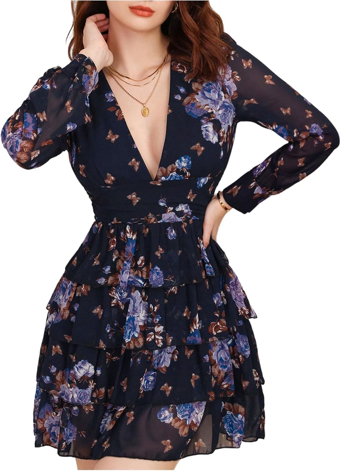 MakeMeChic Women's Floral Mini Dress Deep V Neck Long Sleeve Ruffle Tiered A Line Party Dresses