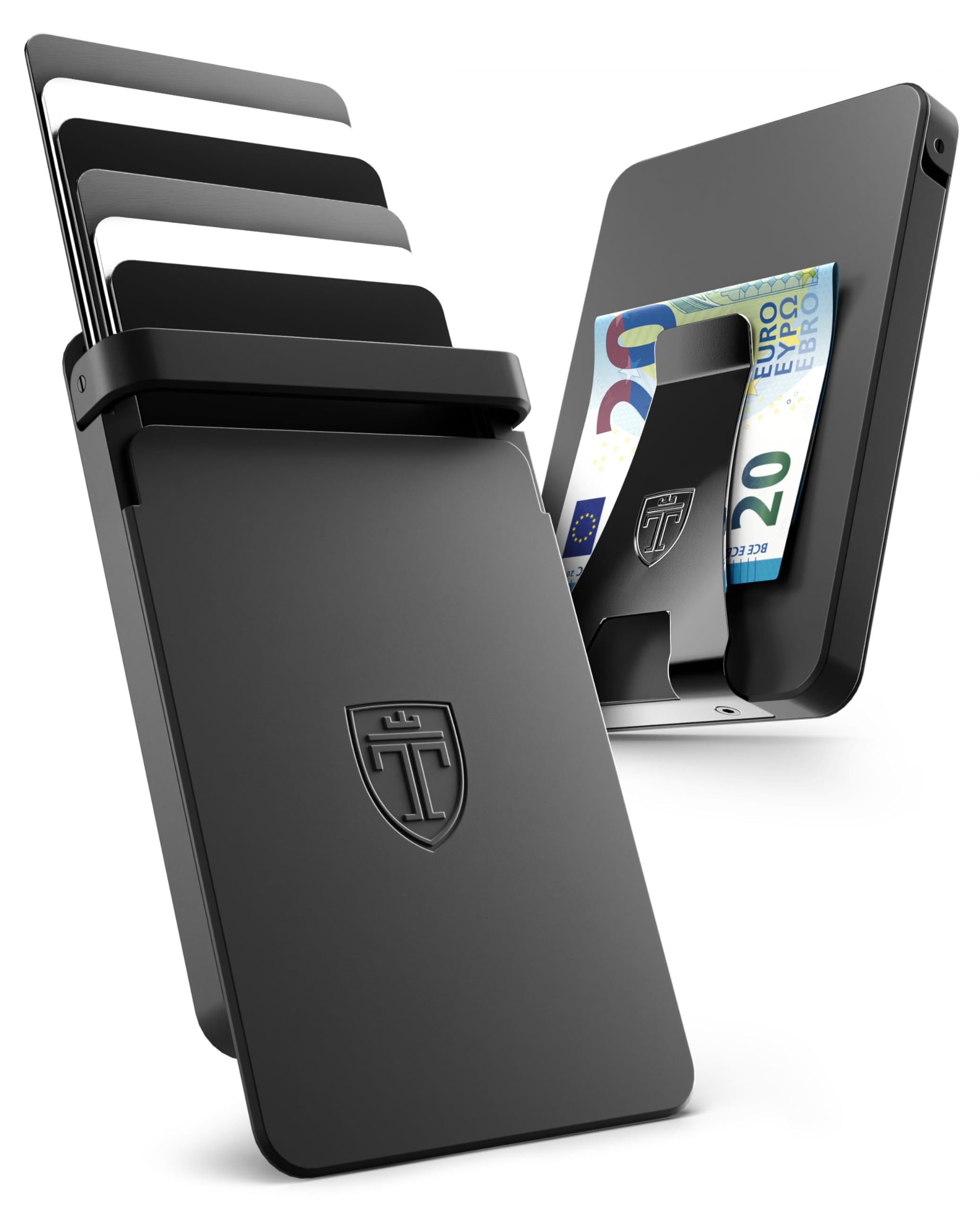 TRAVANDO SLYDE portacarte in alluminio con protezione RFID – porta carte con fermasoldi per 7 carte – astuccio per carte di credito, portafoglio da uomo, slim wallet (5-6 Carte)