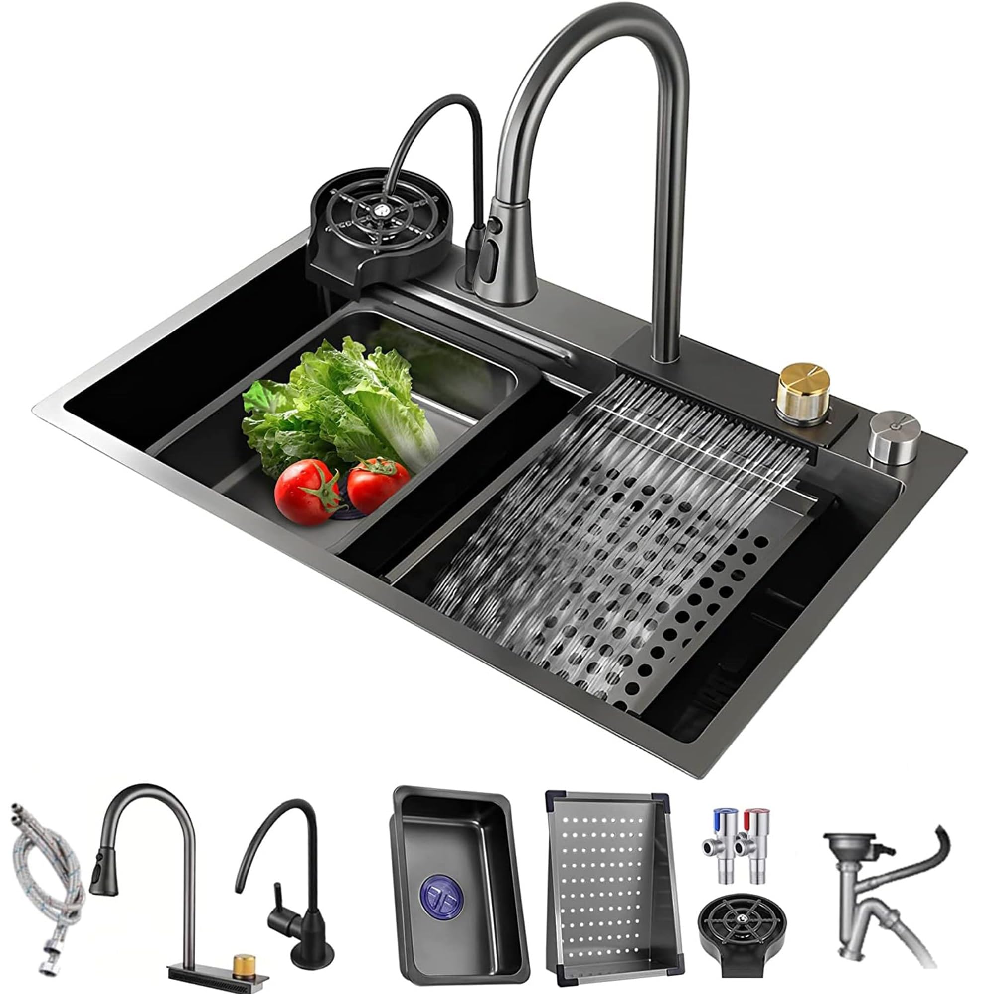 Évier de cuisine en cascade en acier inoxydable noir 68x45 cm avec robinet mitigeur extractible