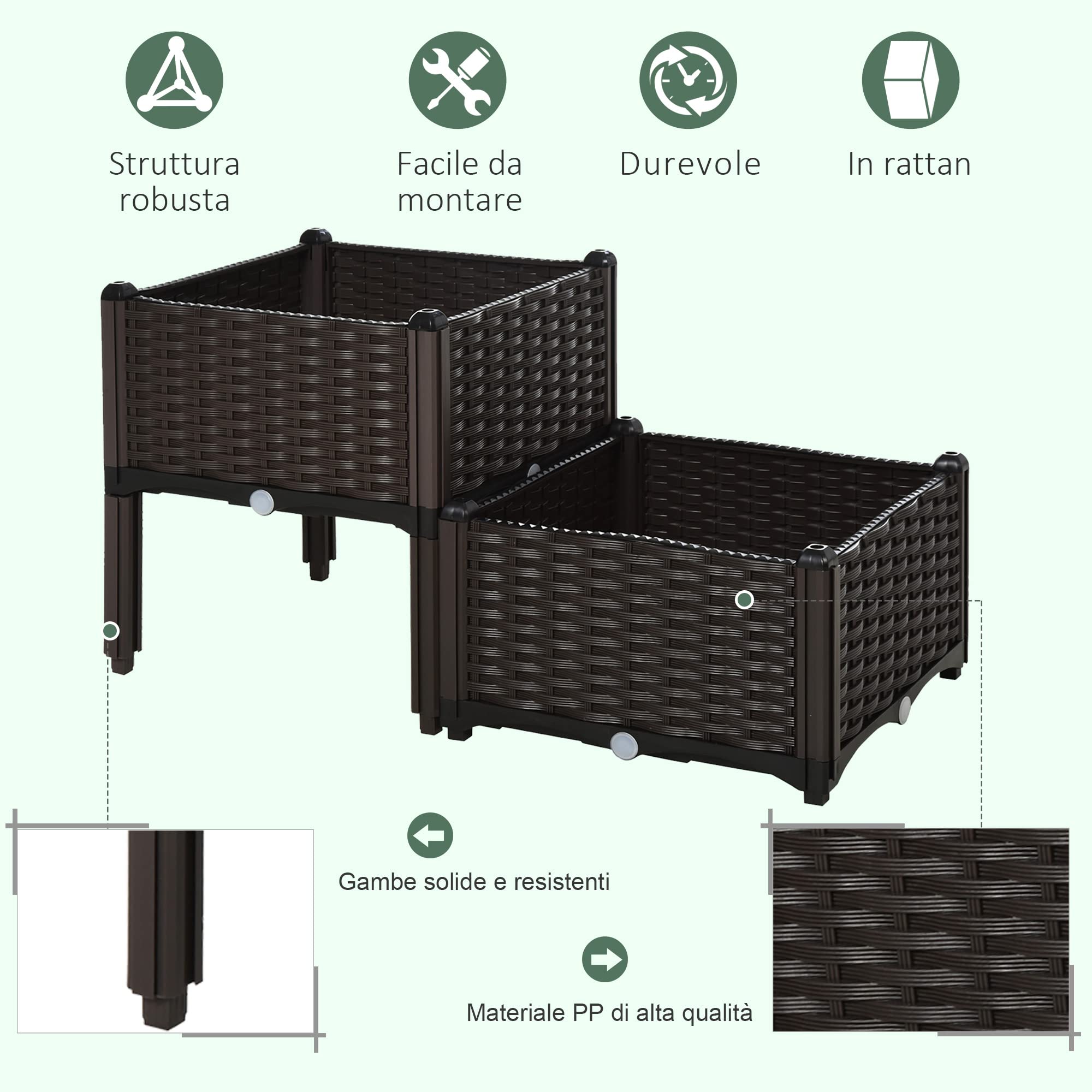 Outsunny Set 2 Pezzi Fioriere da Esterno Autoirriganti Rialzate Letto da Giardino Rialzato per Fiori Effetto Rattan in PP, Marrone