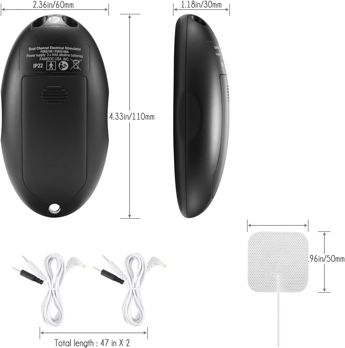 Dimensions of the Famidoc TENS/EMS Unit and electrode leads