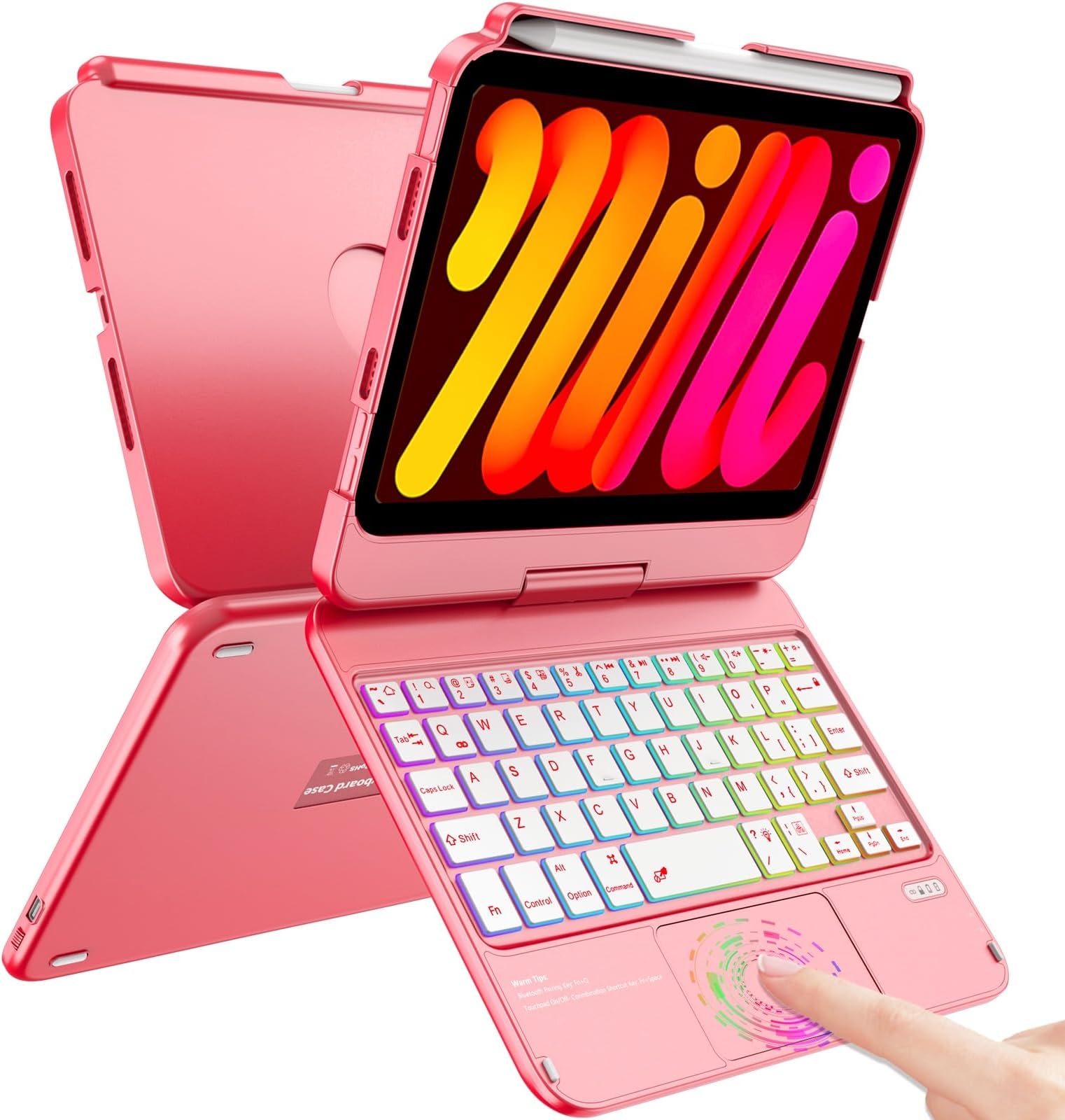 FUWANG Touchpad Keyboard Case for iPad mini 7 A17 Pro 2024 & Mini 6th Generation 2021 8.3 inch - 360° Rotate 7 Color Backlit Keyboard for iPad mini 7th 6th Generation with Pencil Holder, Pink