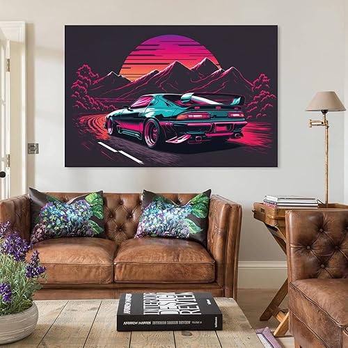 Miniatura 3 de Póster retro vintage para automóvil, Toyota Supra Jdm, pintura abstracta de neón con atardecer de neón, arte de pared, arte de pared, póster e