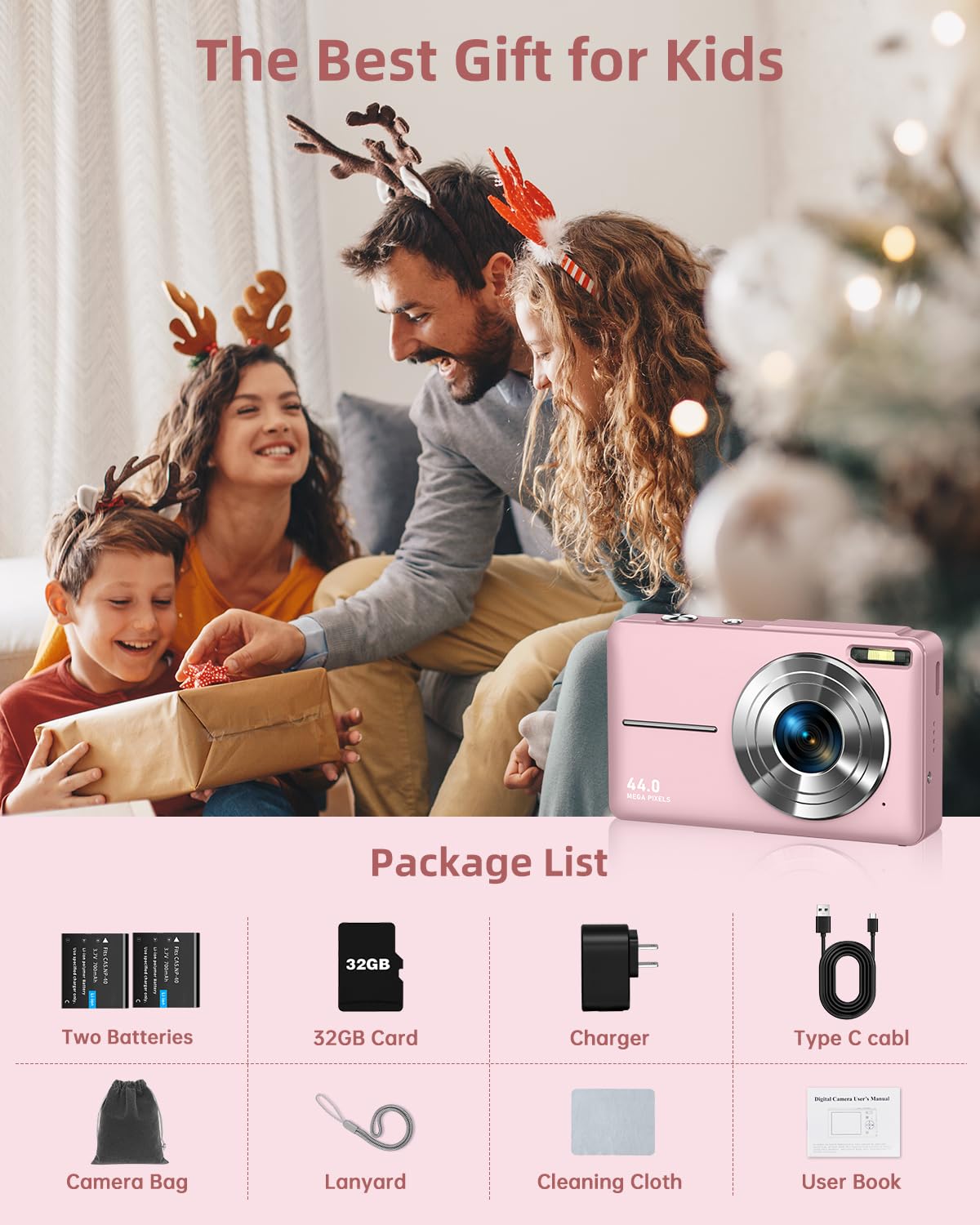CAMKORY Digital Camera, Full HD 1080P Point and Shoot Camera, 44MP Kids Camera with 32GB Card, 16X Zoom, Pink — view 6