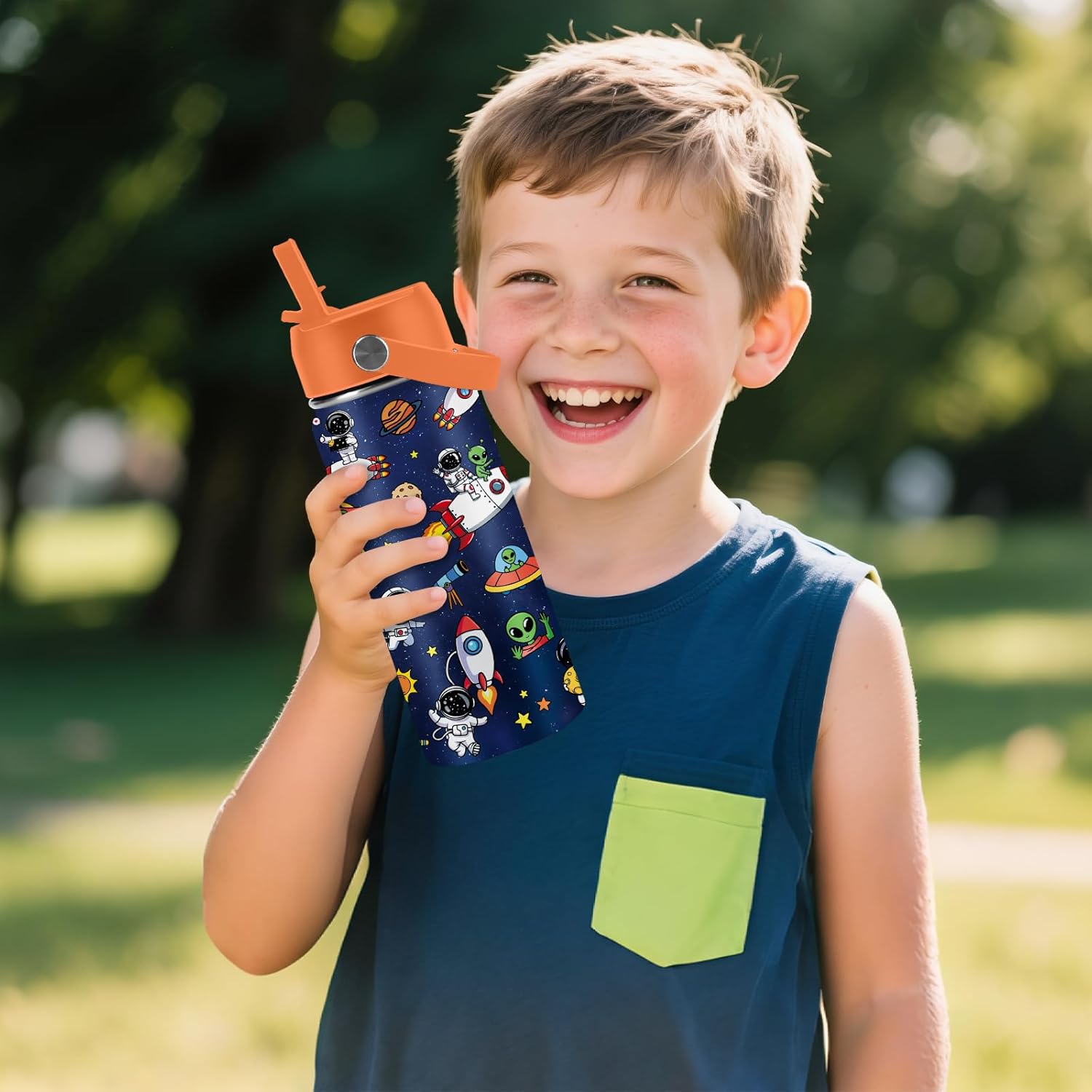 Space Astronomy Gifts for Kids - 16 Oz Kids Water Bottle with Straw Lid, Stainless Steel Insulated Tumbler, Leak Proof, BPA-Free, for Boys, School, Travel - Universe Children Birthday Gifts Cups(1pc) - Image 2