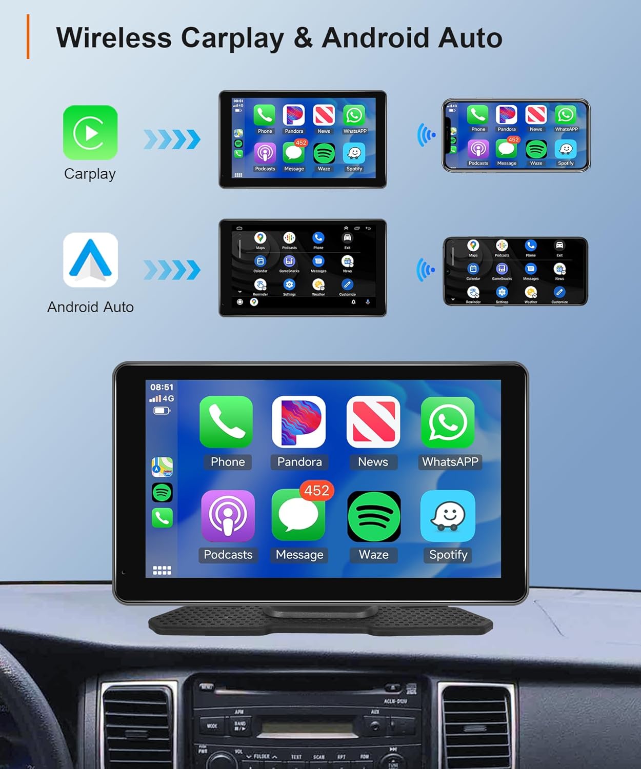 Estéreo inalámbrico portátil para automóvil Apple CarPlay con Android