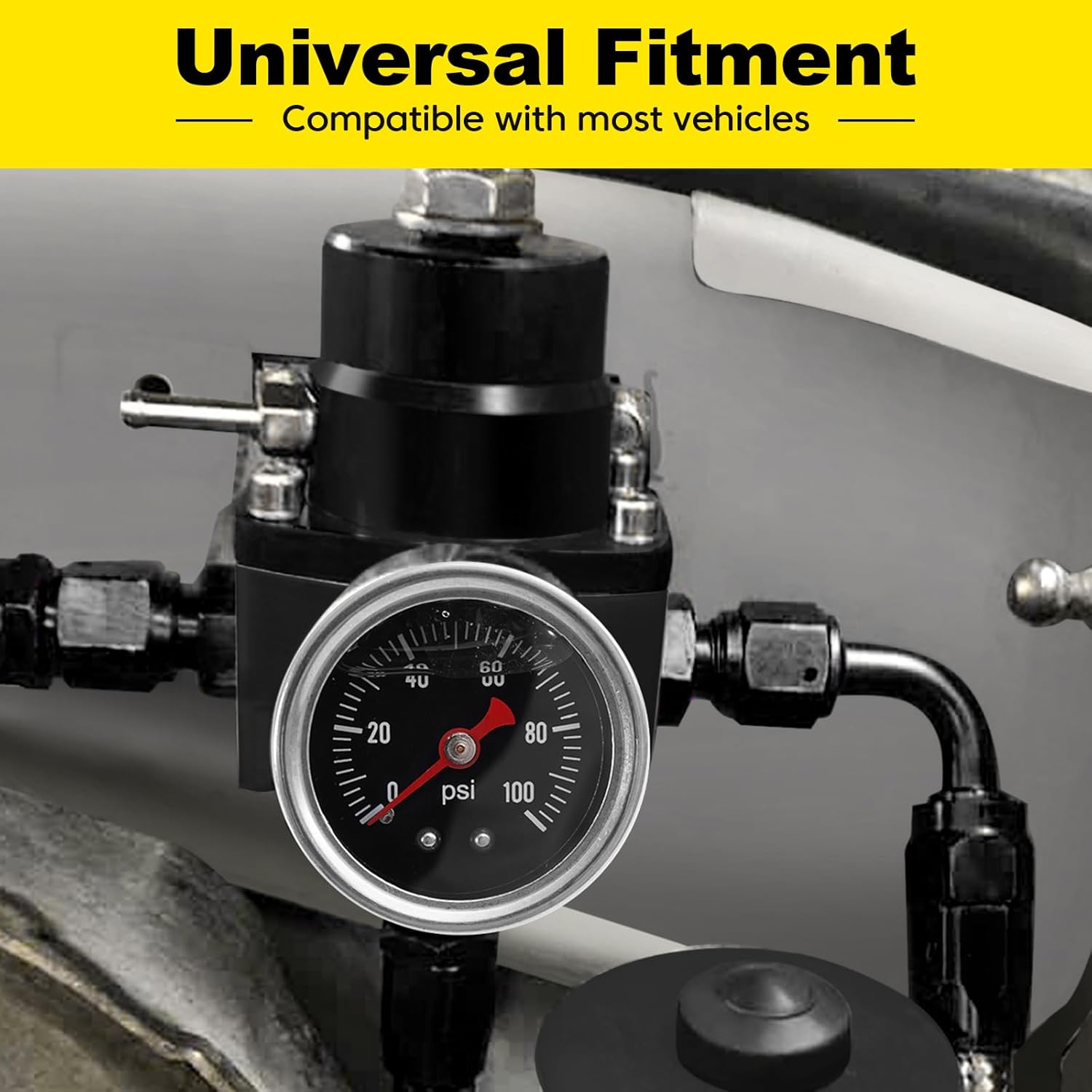 Adjustable EFI Fuel Pressure Regulator Kit with Bypass Return, 0-100 PSI Gauge, 6AN Fittings and PTFE Braided Hose – Compatible with Gasoline, E85, Ethanol & Methanol Fuels