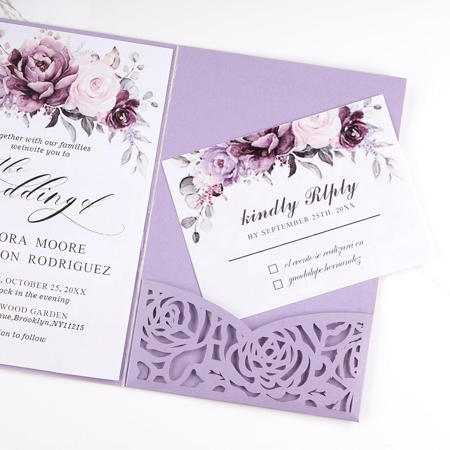 50PCS Purple Wedding Invitations with Envelopes and RSVP Cards, 4.9"x7" Laser Cut Invitations Pocket Blank Inner Sheets Personalized Your Party Invites for Baby Bridal Shower Birthday Quince