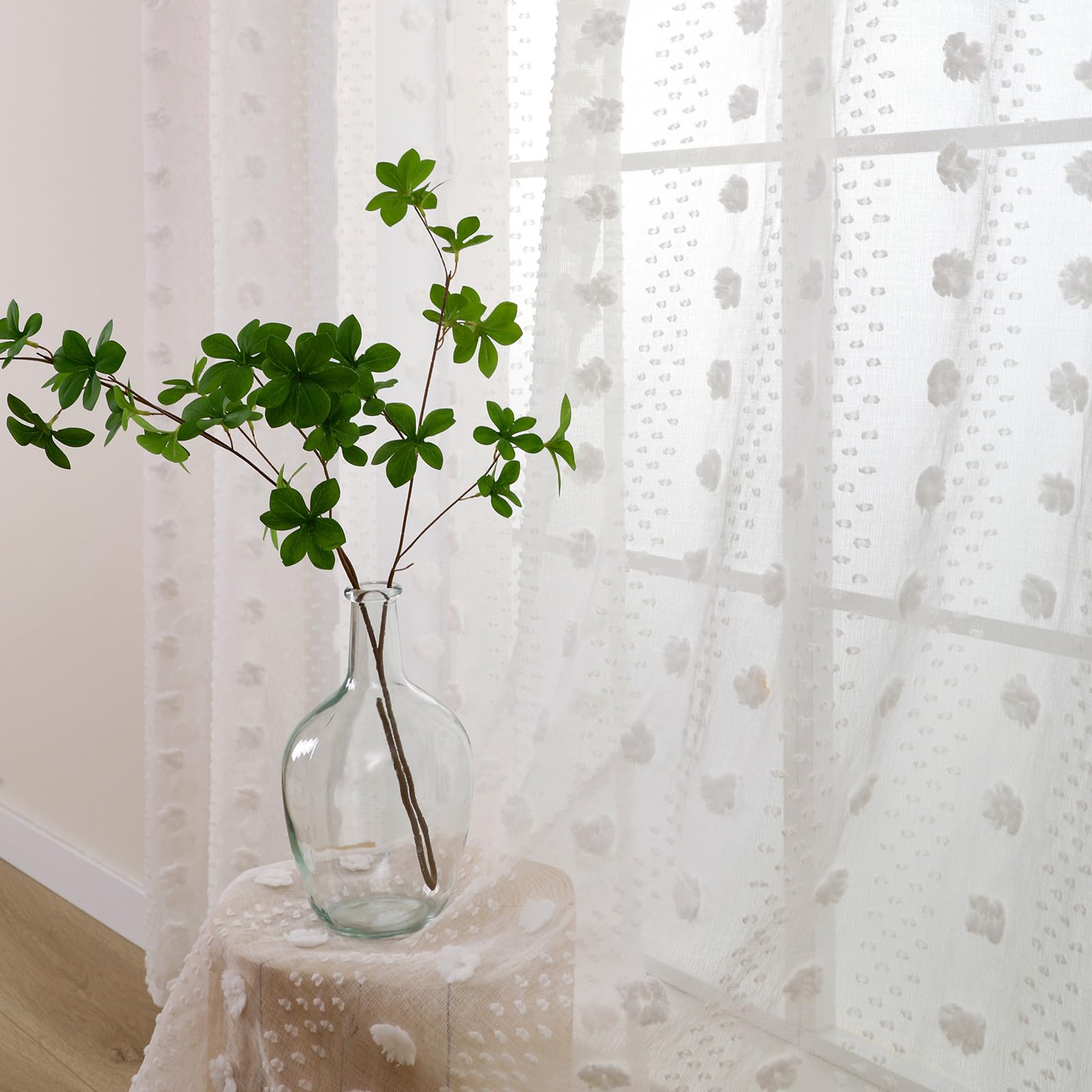 L.Z.E Rideaux Voilage Blanc Transparent Boho pour Salon Chambre des Filles et Tentures à Ruban Fronceur Blanc Cassé pour Salle à Manger 225 cm Long Motif Floral Tridimensionnel Lot de 2