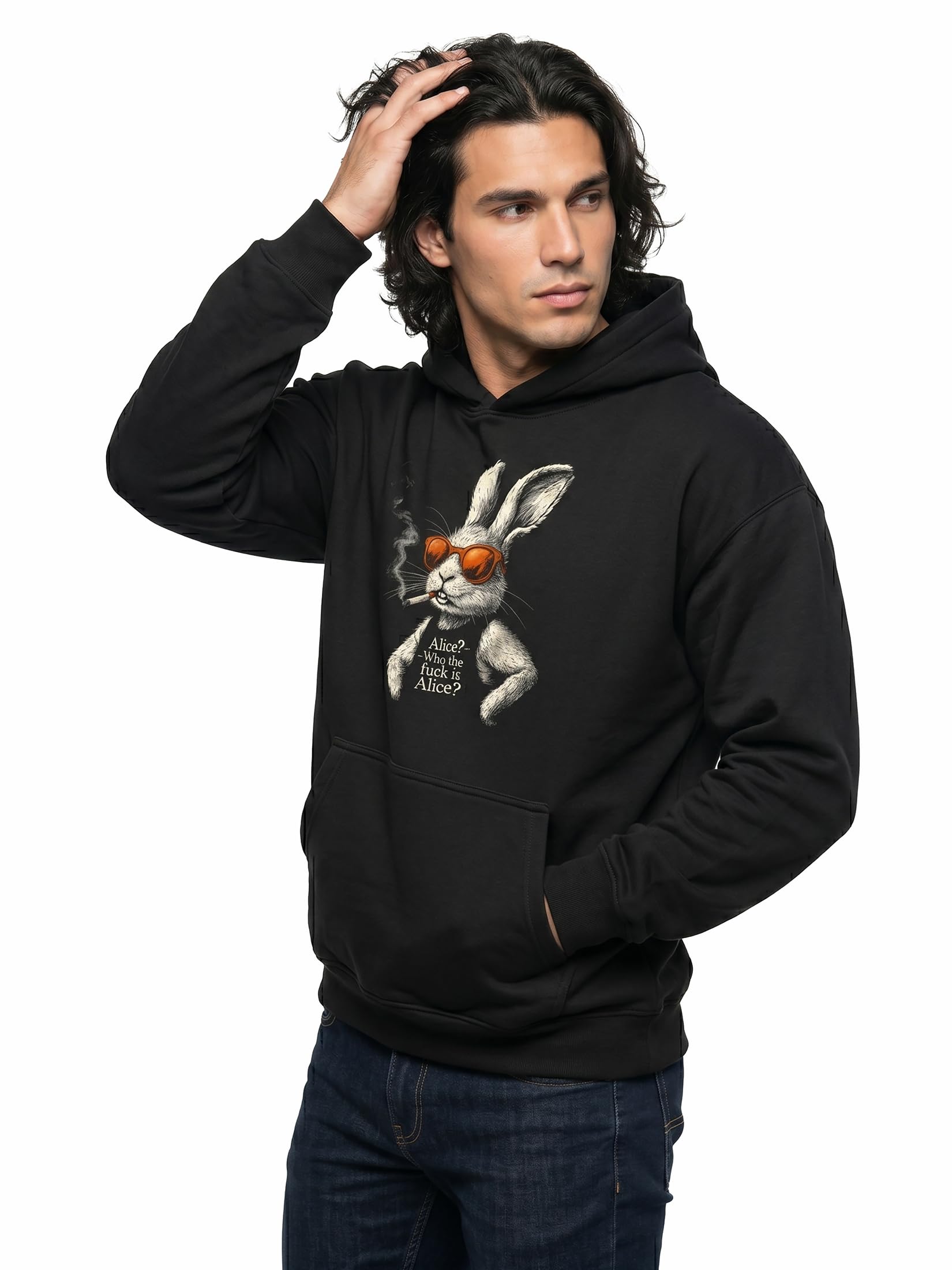MAKAYA bluza z kapturem męska z napisem Who is Alice zabawny nadruk z motywem królika hoodie
