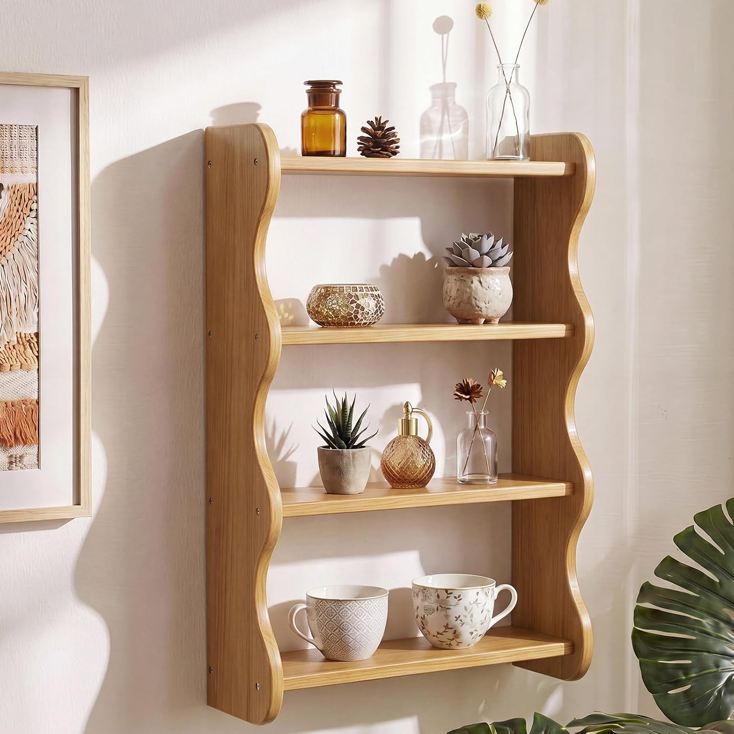 Nuanchu 100% Solid Wood Wall Shelf 4-Tier Rustic Cloud Floating Shelves Wall Mounted Storage Rack Farmhouse Decor Display Vintage Shelves for Living Room Bedroom and Apartment