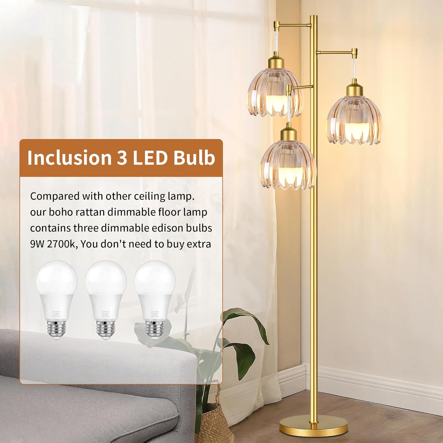 Gold Floor Lamp for Living Room,Bedroom,Tree 3 Light Standing Lamp Mid Century Modern Brass Tall Floor Lamps Vintage Retro Floor Lights Glass Flower Amber Lamp Shade Farmhouse Boho Bohemian