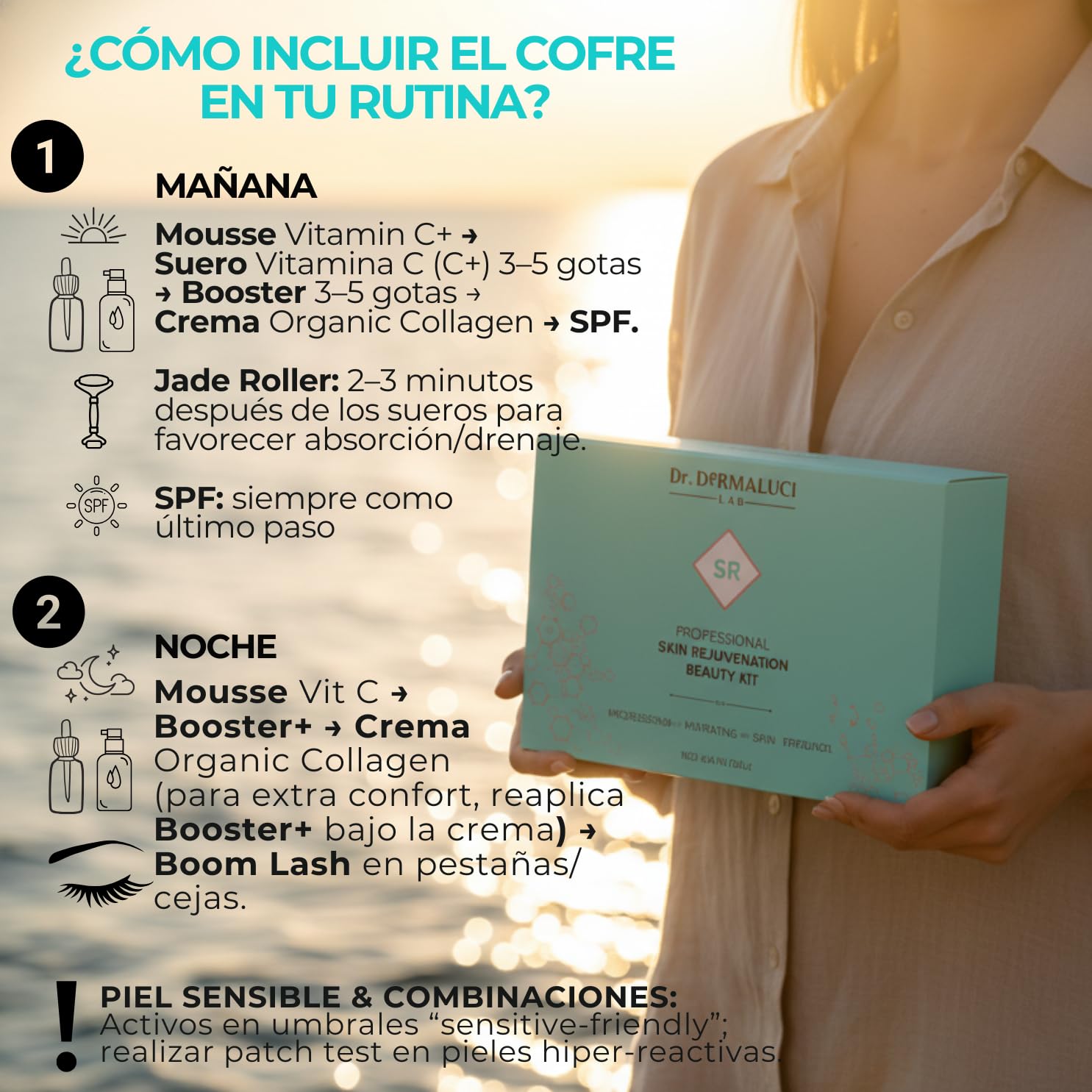 Dr. Dermaluci Lab - Set Regalo Mujer/Hombre Cumpleaños BIO 460ml - Antiarrugas, Iluminador - Mousse + Serum Vitamina C + Booster + Crema Colageno + Rodillo Jade + Serum Pestañas - Made in Italy