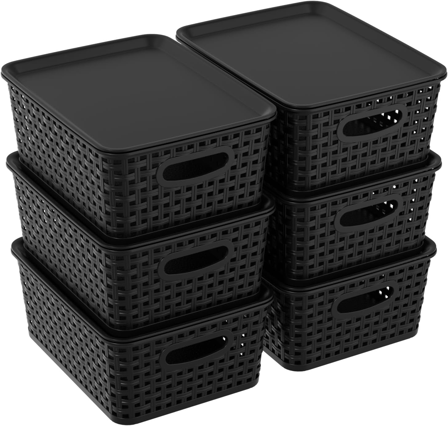 Set of 6 Plastic Storage Baskets with Lid, Stackable Box for Cupboard, Office, Kitchen, Bathroom Organiser, Black