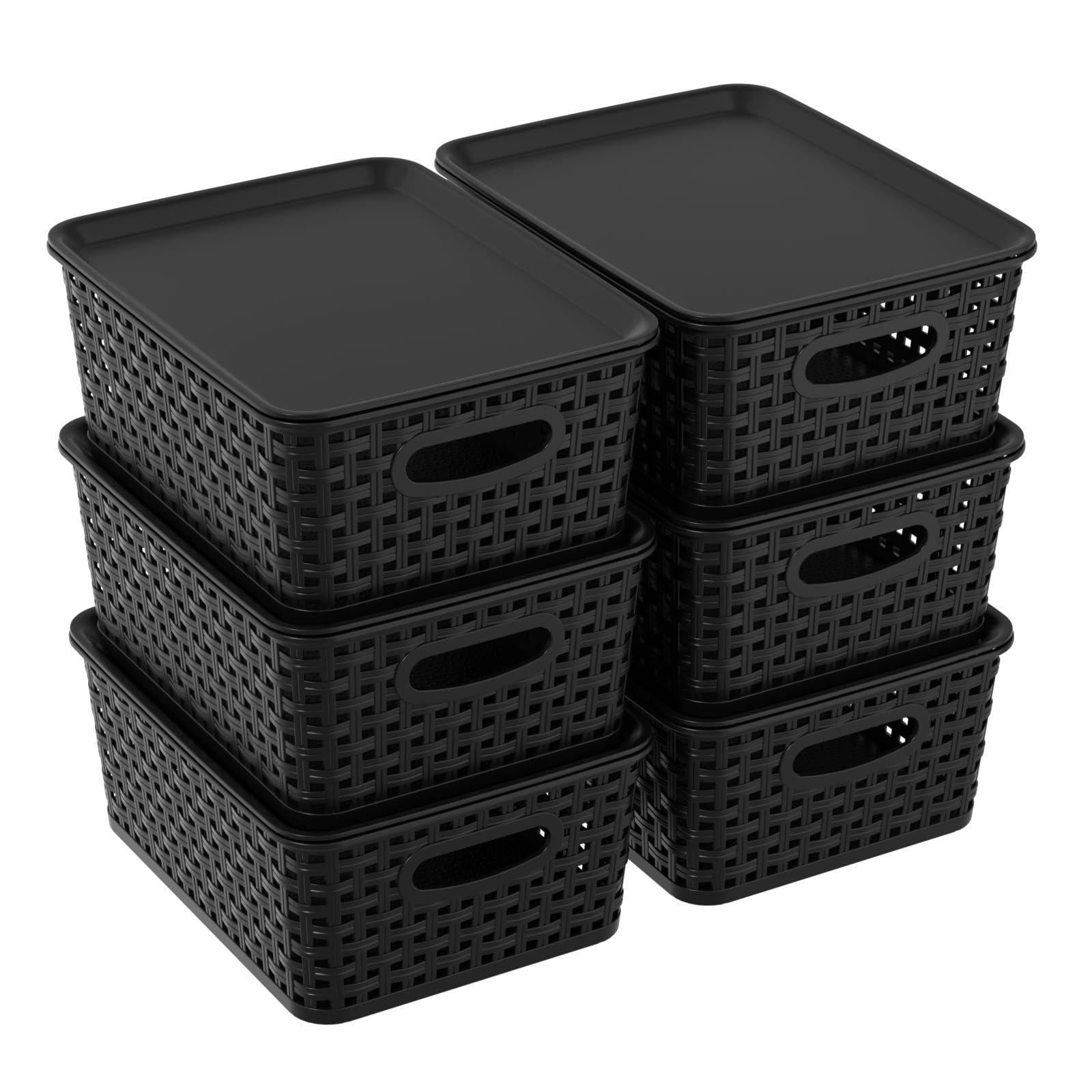 Haodehen Set of 6 Plastic Storage Baskets with Lid, Stackable Box