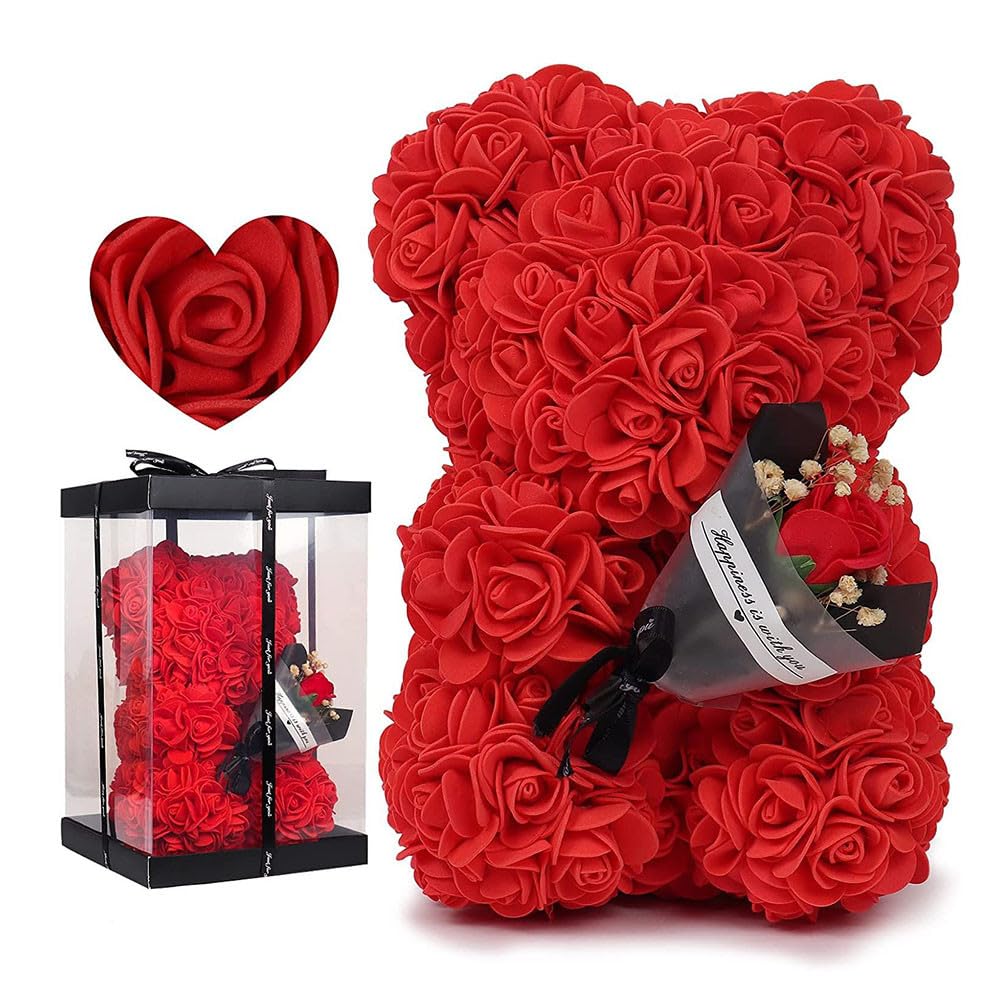 Ours en Fleurs Artificiel avec Bouquet de Roses, idéal pour Femmes, amies, Filles, Mamans et Grands-mères (Rouge)