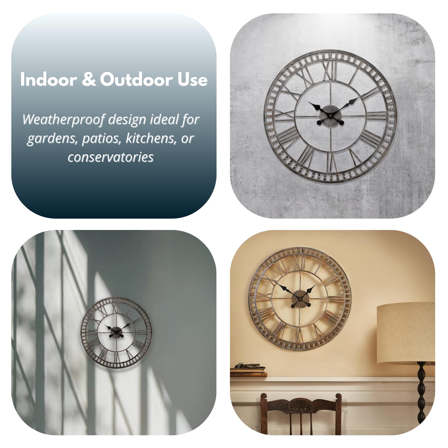 Garden Mile Horloge murale à chiffres romains ouverts de 60 cm pour extérieur/intérieur et extérieur - Étanche - Pour salon, cuisine, jardin