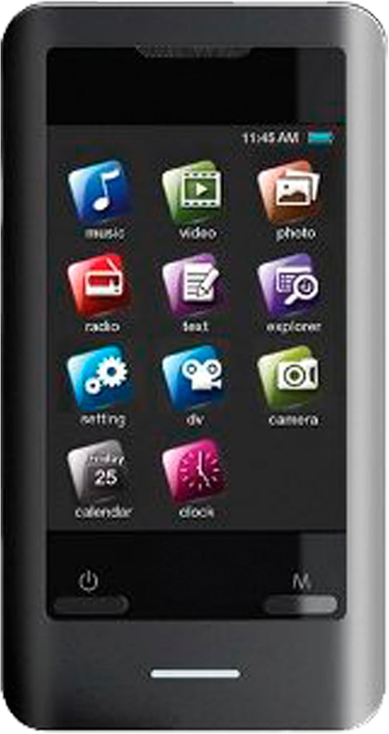 Close-up of the Coby MP828-8G MP3 Player's touchscreen displaying the main menu with icons for music, video, photo, radio, text, explorer, setting, DV, camera, calendar, and clock.