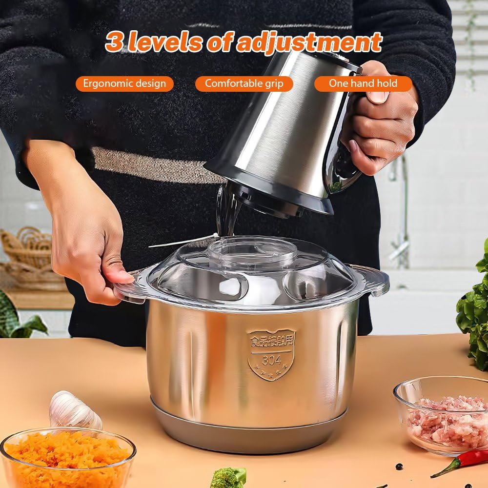 5L Hachoir Électrique 500W, Mixer Cuisine,Hachoir avec Bol en Acier Inoxydable 304, 4 Upgrade Double S-Blades, 3 Vitesses, Food Processor Idéal pour Viande, Légumes