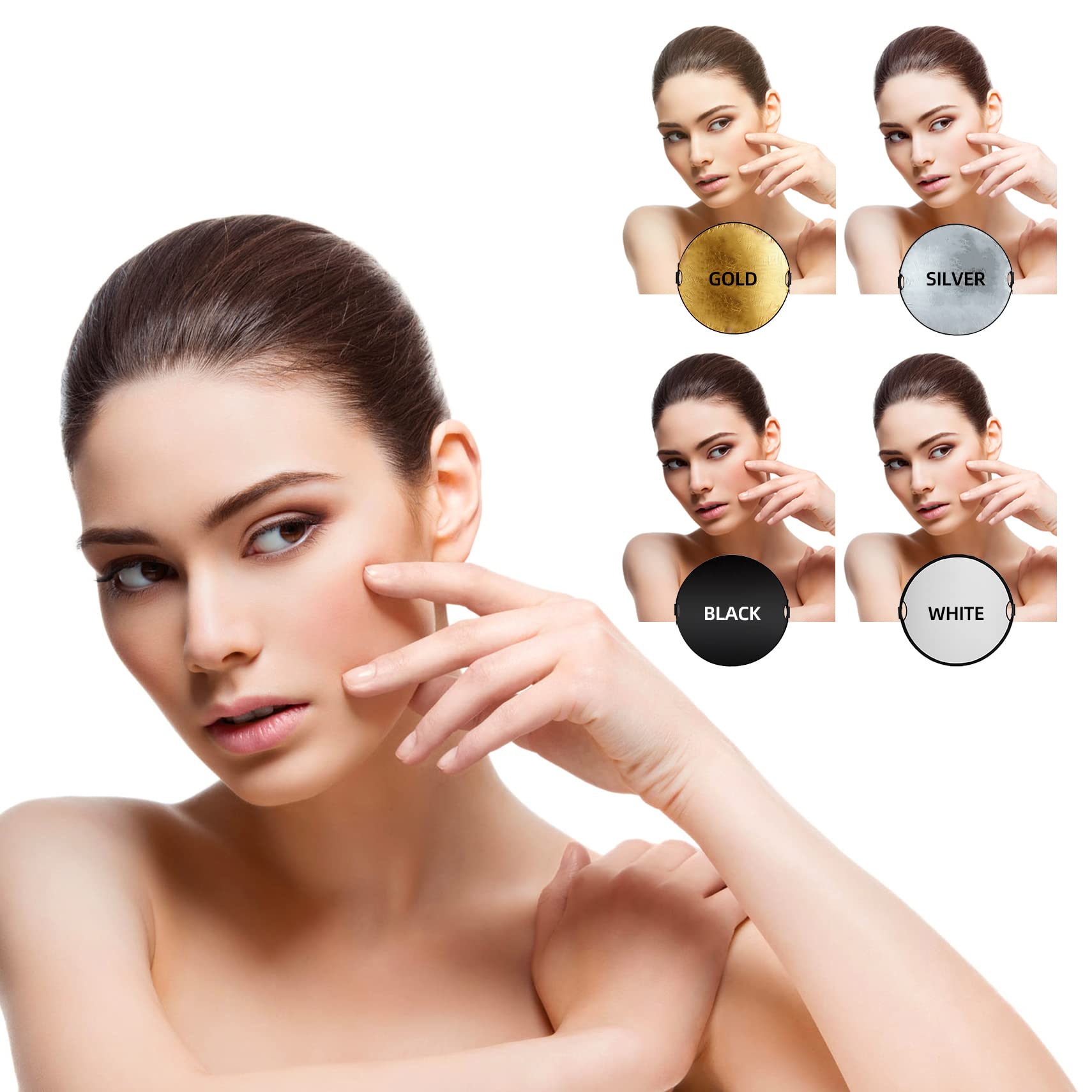 Selens 5 in 1 Reflektor 110CM mit Lichtstativ Reflector Clip Halter Kit für Fotostudio Portrait Fotografie, Runder Reflektor Diffusor Gold/Silber/Weiß/Schwarz/Transparent