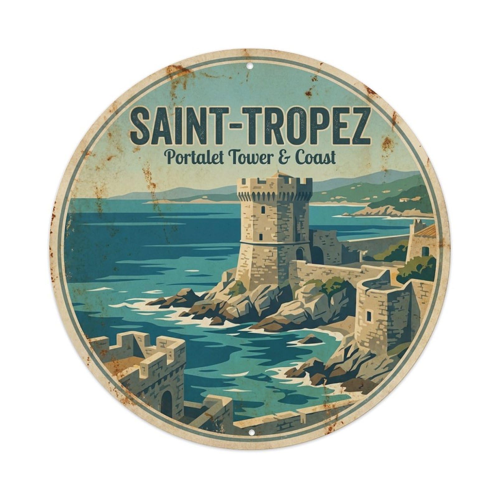 Coastal Travel Fortress Tower Coast France Saint Tropez Metal Tin Sign