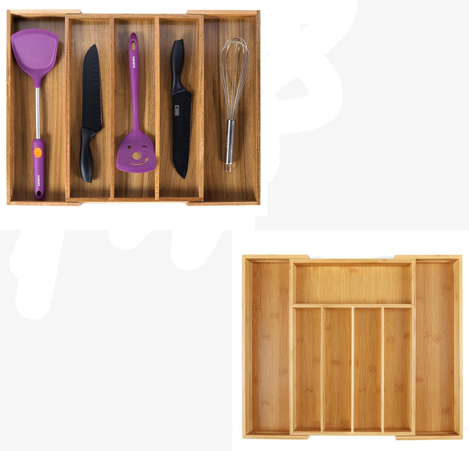 Utoplike Bamboo Silverware Cutlery Tray and Acacia Kitchen Drawer Organizer Expandable