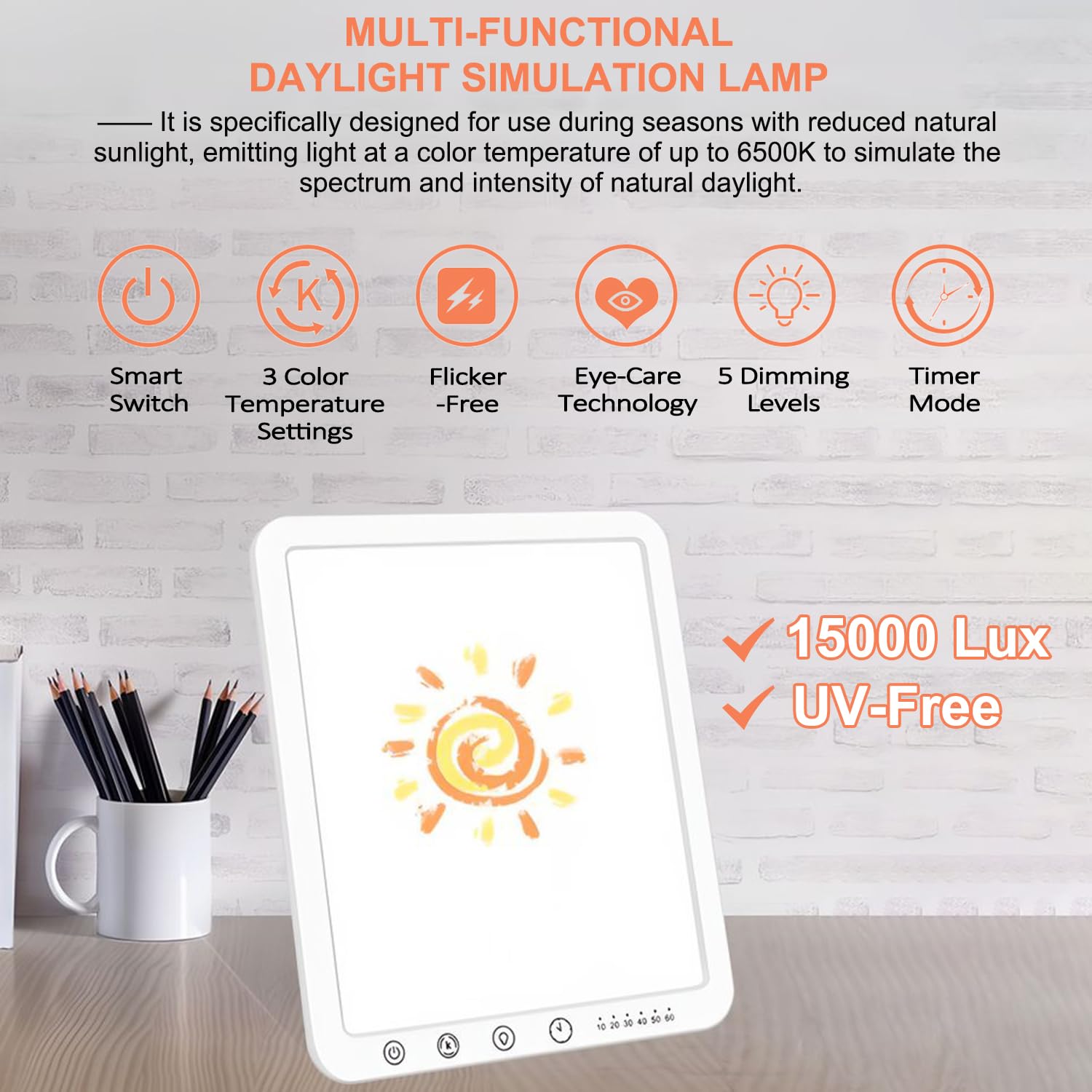 Lampada di Terapia Luminosa, Lampada per Terapia della Luce 15000 Lux, Lampada che Simula la Luce del Solare, UV-Free Lamp di Luce Diurna Portatile,180° Supporto Pieghevole, per Ufficio e Case
