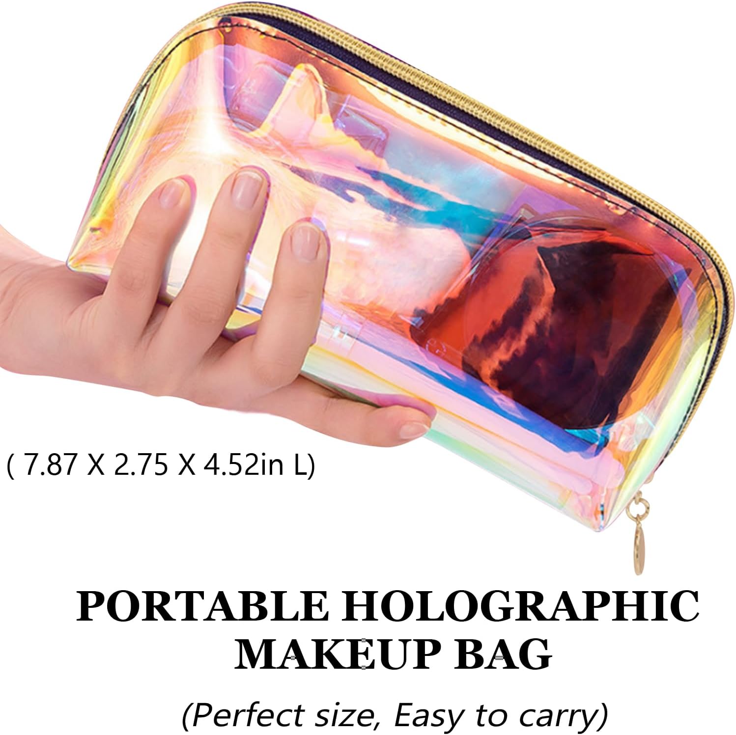 INVODA Holographic Makeup Bag Glitter Iridescent Clutch Bag Mini Cute Cosmetic Bag for Women, Portable Waterproof Clear Handbag for Travel Toiletry Tools Cosmetic Organizer Bag (Style 1 L) image 2