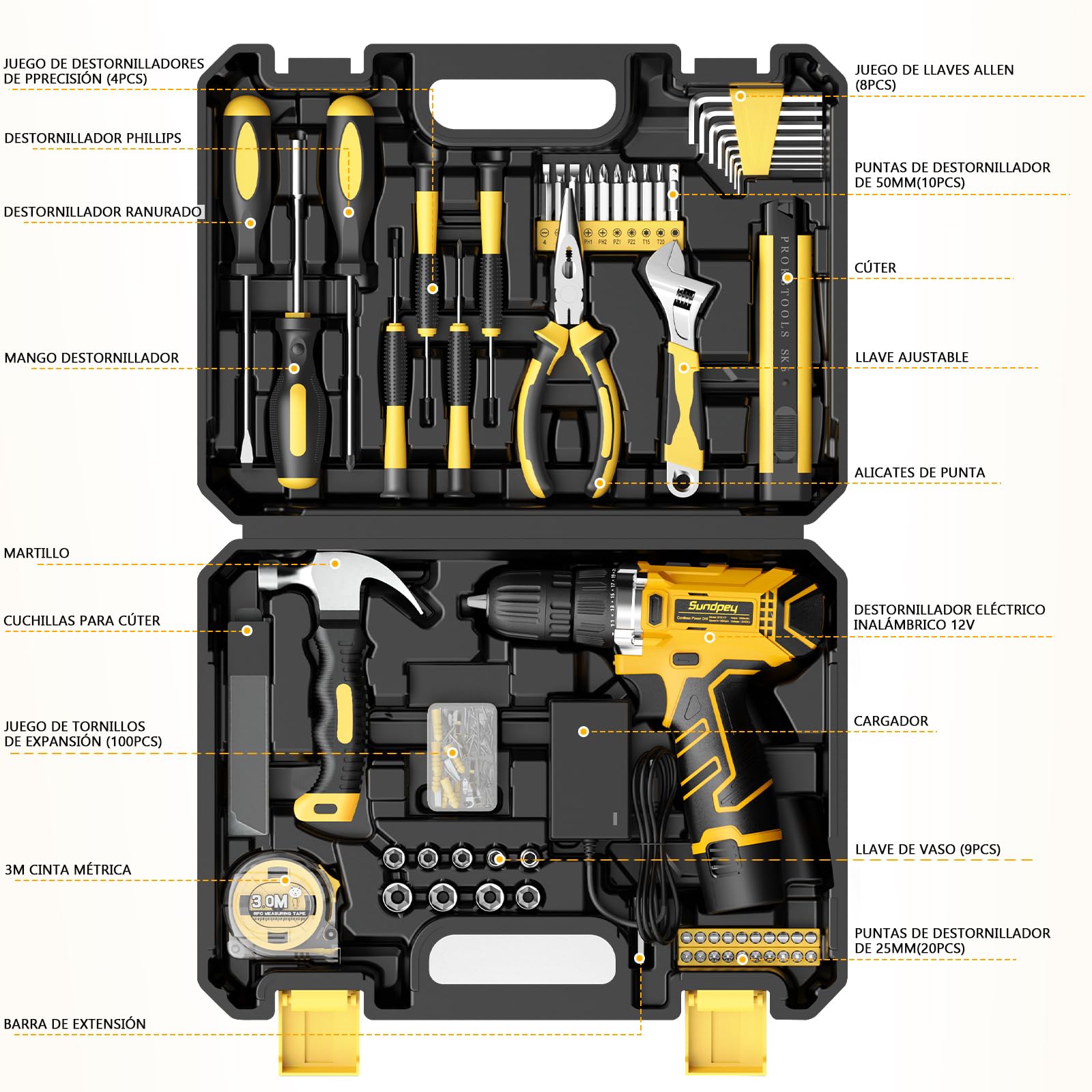 Sundpey Caja Herramientas 166 Piezas con Taladro Atornillador Inalámbrico 12V, Juego Herramientas Eléctricas y Manuales con Batería y Cargador, Estuche Portátil para Reparaciones Hogar, Bricolaje