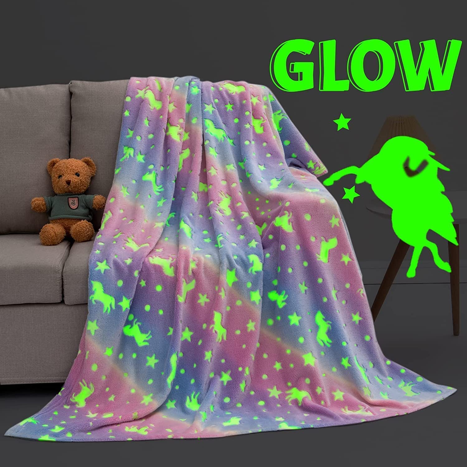 Beauenty Glow in The Dark Blanket Blanket for Kids,1.5 * 2 Throw Blankets Super Cozy Plush Soft Fleece Blanket Girls Boys Birthday Gifts,Rainbow Kids Blanket,for 3-12 Years Old Kids (Unicorn A)
