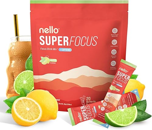 Nello SuperFocus Mojito con cafeína, mezcla de bebida nootrópica, 20 paquetes para llevar, Alpha GPC, melena de león, rodiola, sin azúcar