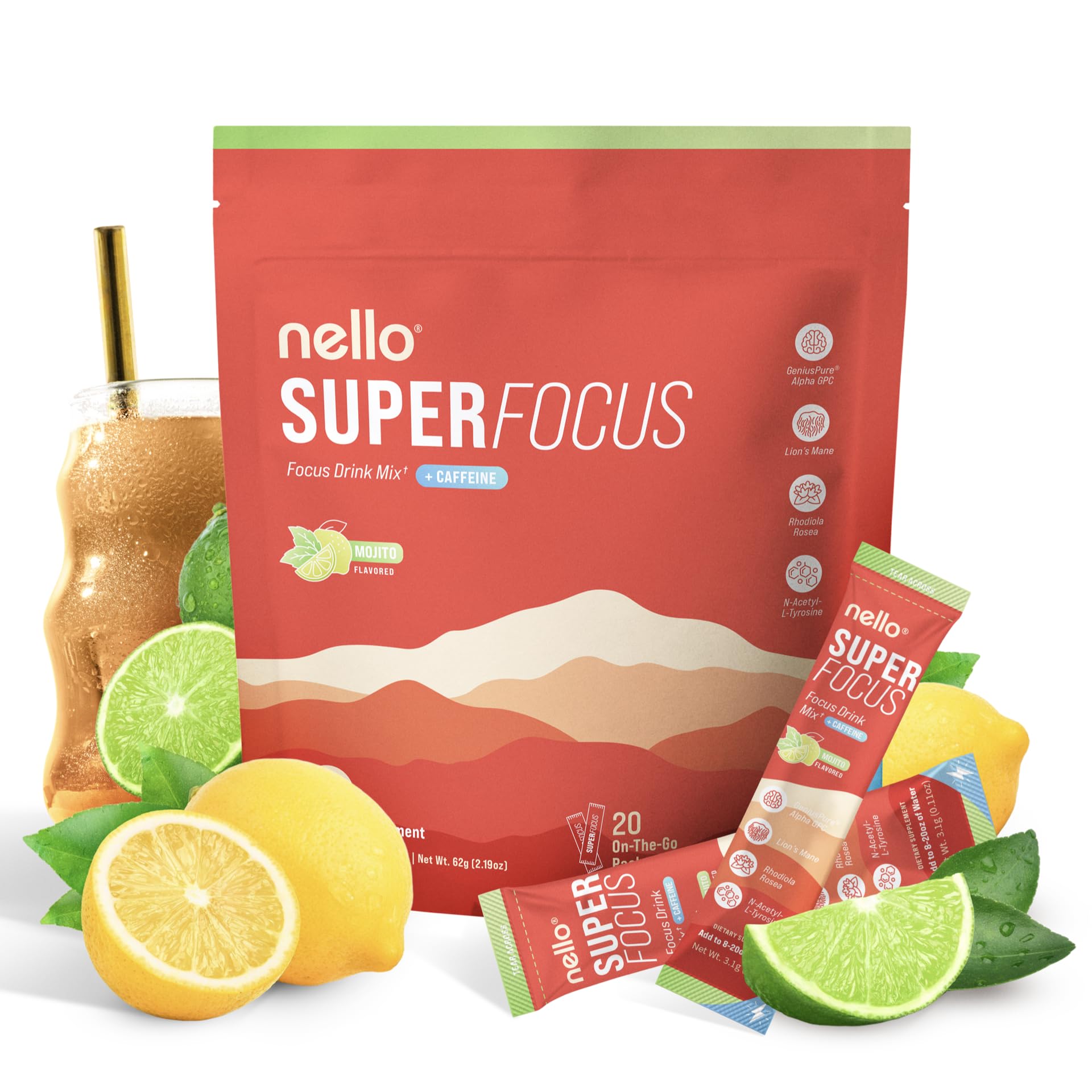 SuperFocus Mojito with Caffeine– Nootropic Focus Drink Mix, 20 On-The-Go Packets, Alpha GPC, Lion’s Mane, Rhodiola, Sugar-Free
