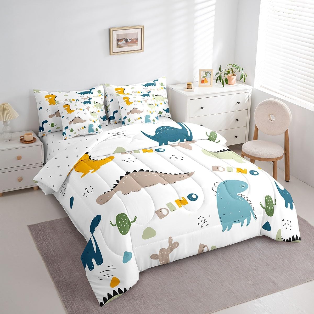 Feelyou Cute Dinosaur Comforter Set with Sheets 7 Piece Queen Size Cartoon Cactus Bedding Set Decor Jungle Dino Boho Succulent Bed in a Bag Wild Animal Pattern Yellow Grey Bed Set Bedroom