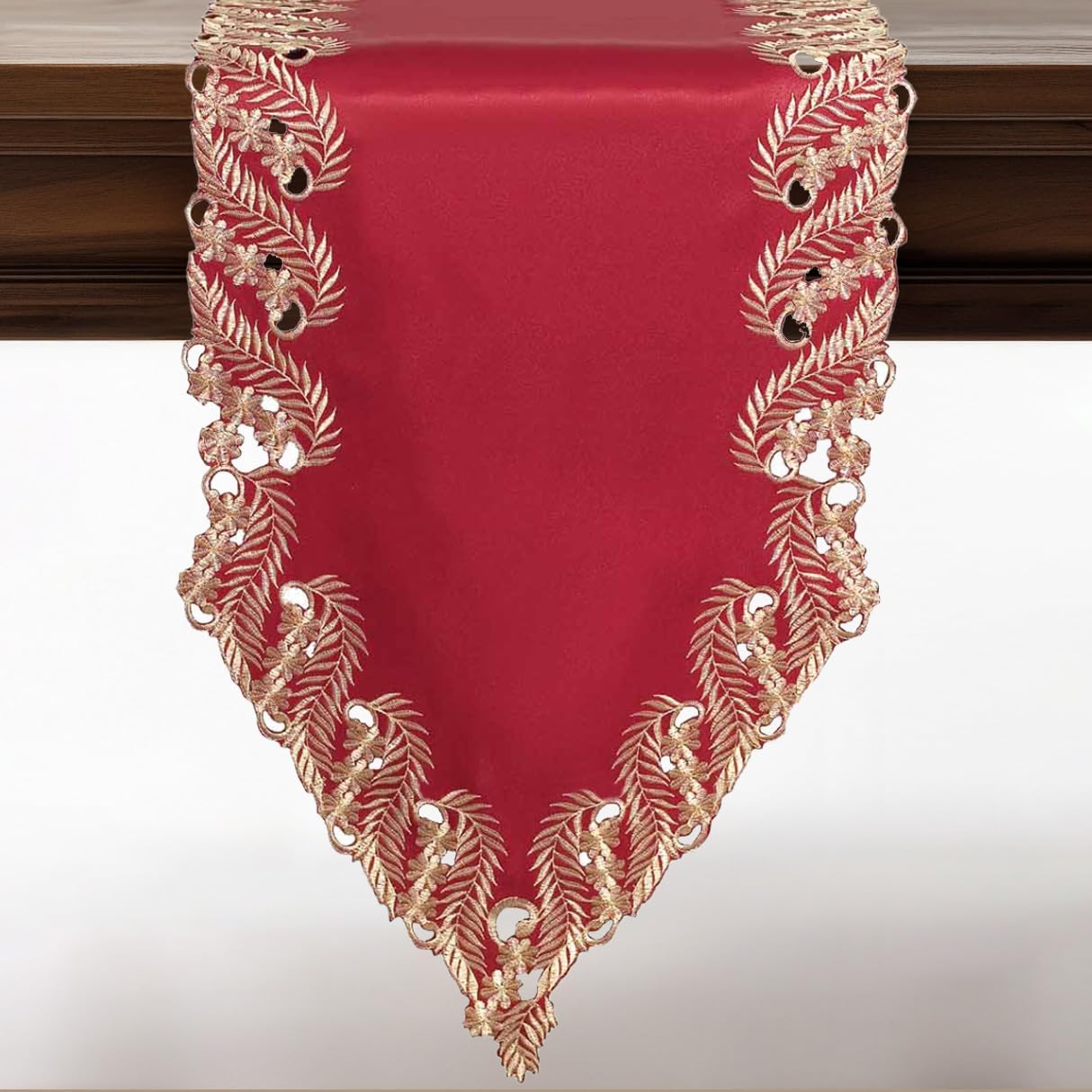 DECOZEN Gold Burgundy Lace Table Runner – Embroidered Table Runner, Dresser Decor Scarf for Holiday Tables Weddings Parties, Valentines Day Gifts Gift for Her Gift for Mom 14x108 Tarantino Collection