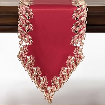 DECOZEN Gold Burgundy Lace Table Runner Embroidered Table Runner, Dresser Decor Scarf for Holiday Tables Weddings Parties, Valentines Day Gifts Gift for Her Gift for Mom 14x108 Tarantino Collection