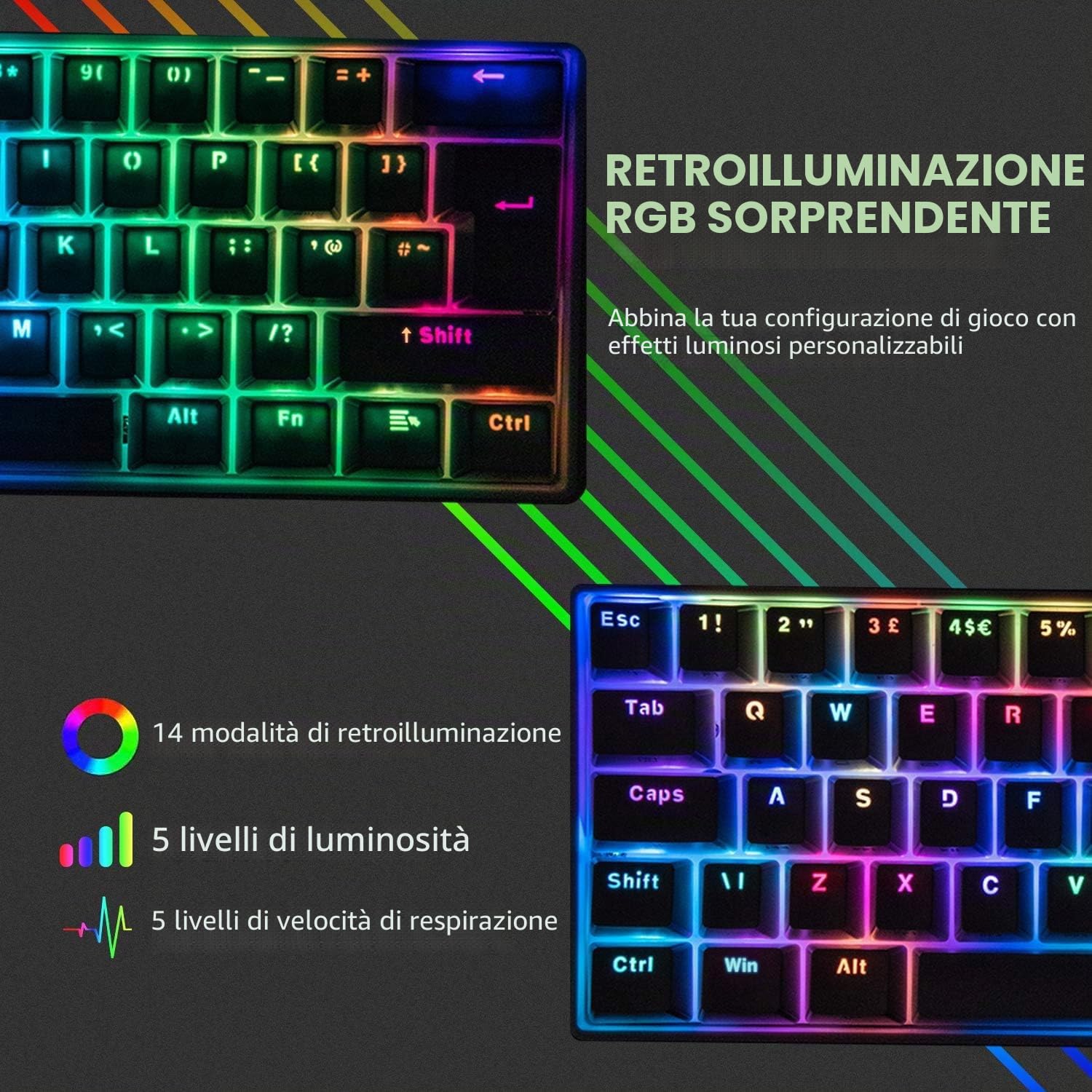 UK 61 60% Tastiera da gioco meccanica vera Tipo C Cablata 61 tasti Tastiera impermeabile USB retroilluminata a LED Retroilluminazione RGB Tasti anti-ghosting completi per computer/PC/laptop/MAC