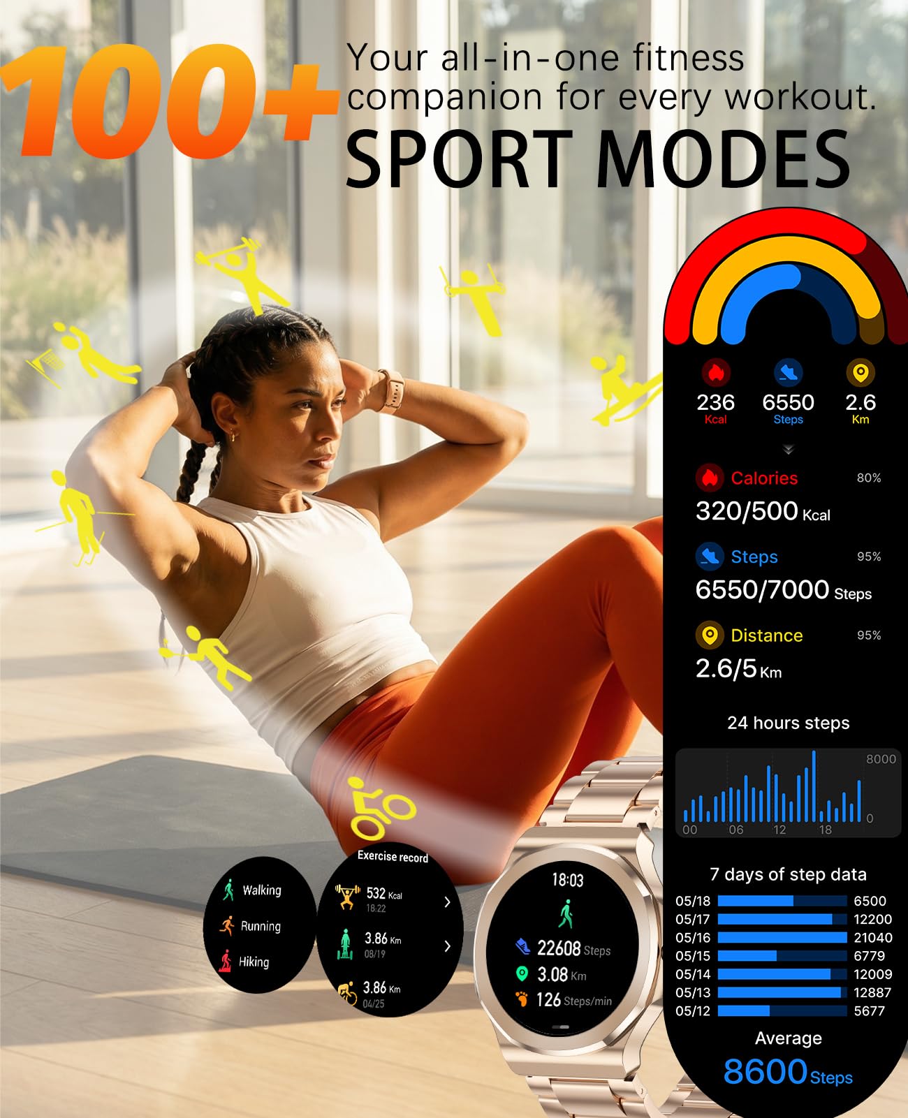 Smart Watch per uomo e donna, 1,25 pollici HD Fitness Tracker con Bluetooth chiamate/frequenza cardiaca/monitoraggio del sonno/100+ modalità sport, acciaio inox+cinturino in silicone per