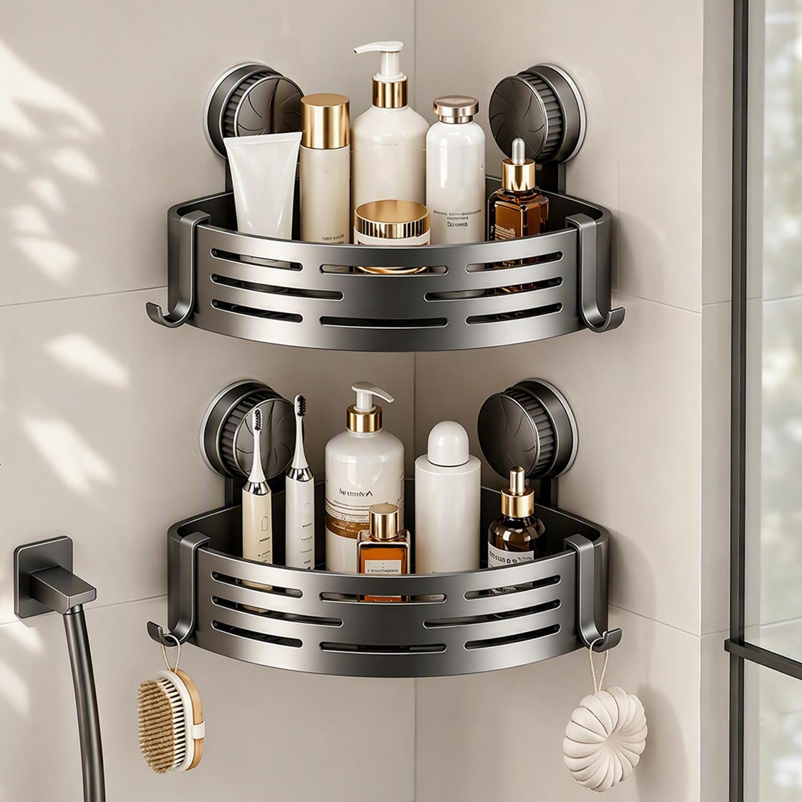 2 Tier Corner Shower Caddy, Suction Cup Plastic Shower Organiser Rack