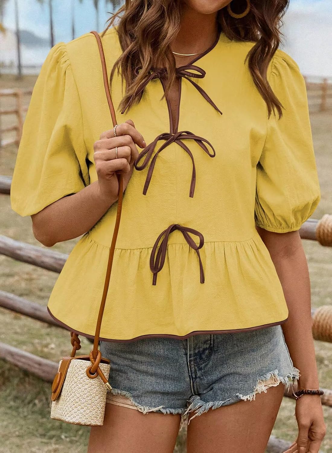 Womens Summer Tops Bowknot Puff Short Sleeve Blouses Dressy Casual Cute Babydoll Flowy Peplum Shirt for Women - Image 4