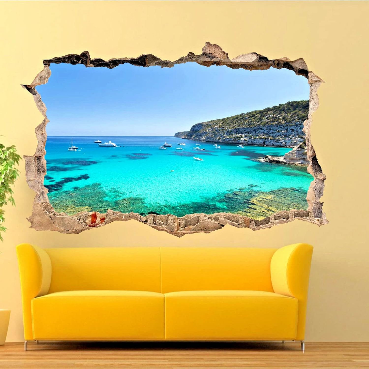 Coast Boats Wall Decal Art Decor 3D Smashed Blue Bay Wall Tattoo Art Vinyl Wall Stickers Island for Girls Kids Bedroom Nursery Living Room Sticker Mural Home Gift 47 x 31 inch