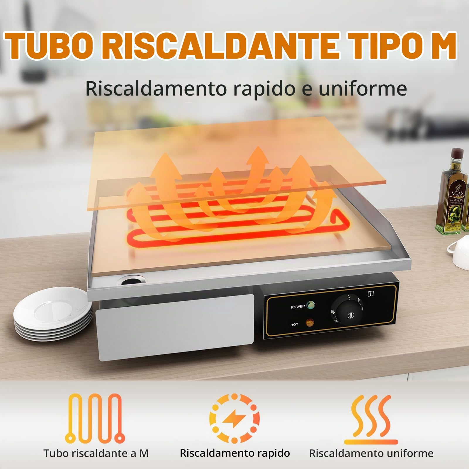 Piastra elettrica/Fry top professionale da banco Piastra riscaldante in acciaio inossidabile da cucina Controllo termostatico 3000W 55cm