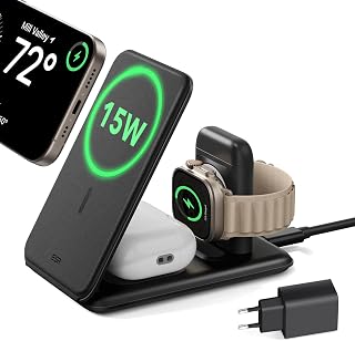 ESR 15W Draadloos laadstation, 3-in-1, 15 W, oplader voor Apple Watch [gecertificeerd] en MagSafe-houder voor iPhone, voor meerdere apparaten, iPhone 16/15/14/13, horloge en AirPods 4, zwart